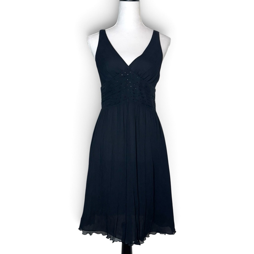Vintage Express Babydoll Pleated 100% Silk Dress Size 4 Black Sequins V-Neck Y2K